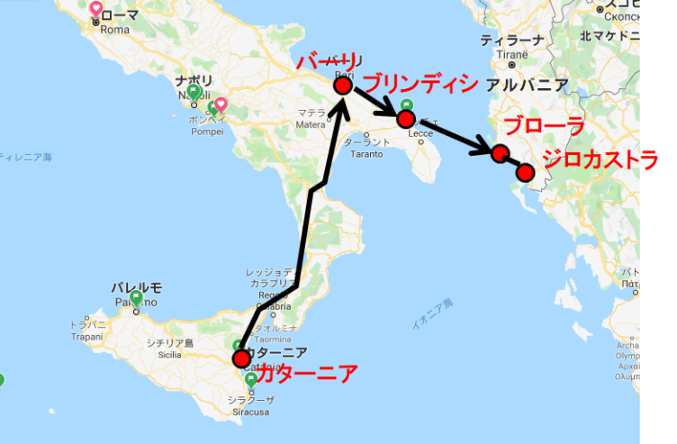 イタリア シチリア島のカターニアからイタリア東部ブリンディシに移動 19年6月6日 7日